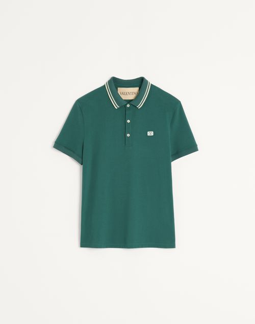 Valentino - Cotton Piqué Polo Shirt With Vlogo Patch - Dark Green - Man - T-shirts And Sweatshirts